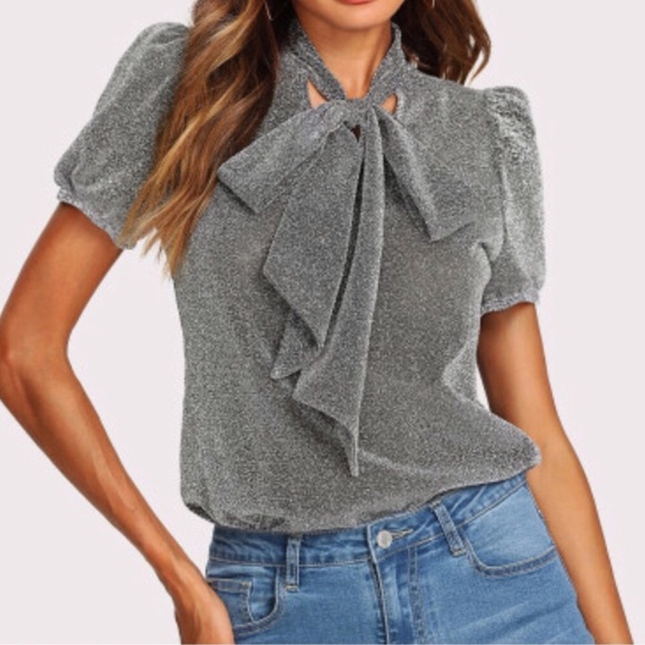 Metallic Silver Lamè Bow Tie Top - Picture 4 of 5